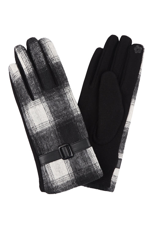 Plaid Smart Touch Gloves With Leather Strap