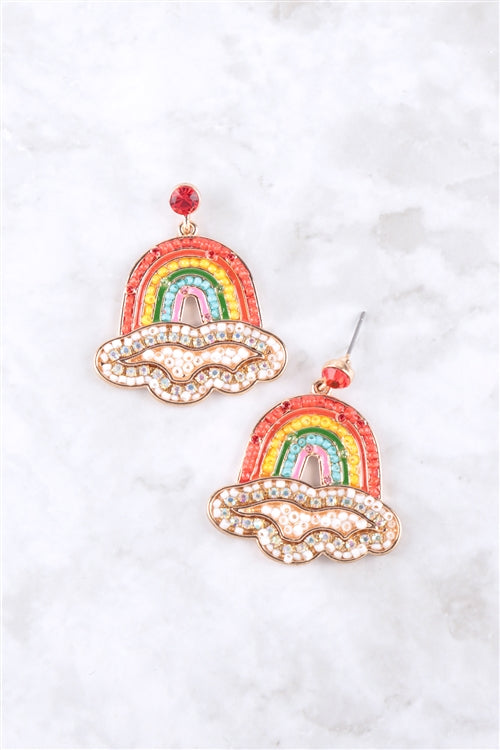 Rainbow With Clouds Seed Beads Rhinestone Earrings