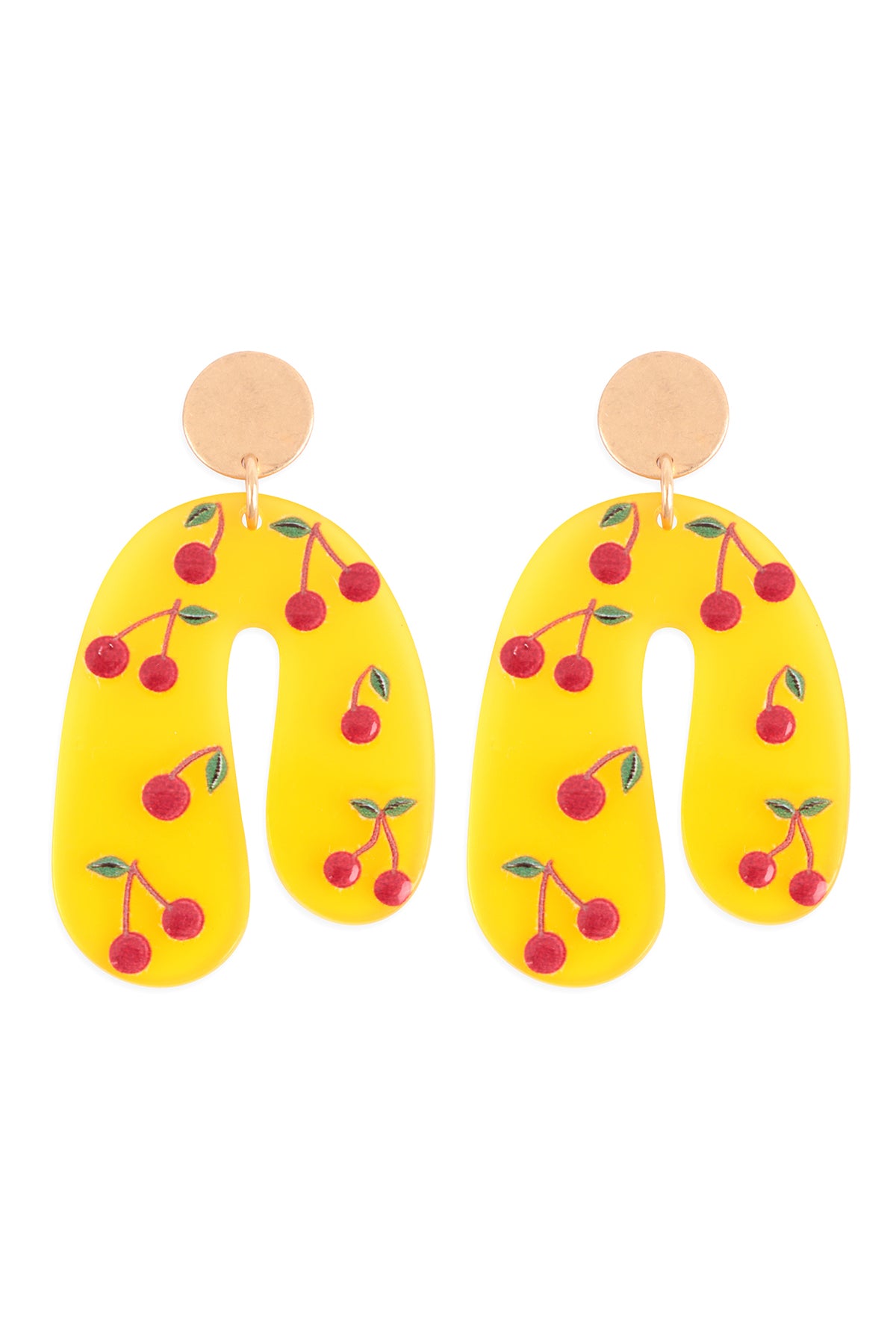 Fruit Print Acrylic U Drop Earrings Matte Gold Light Yellow