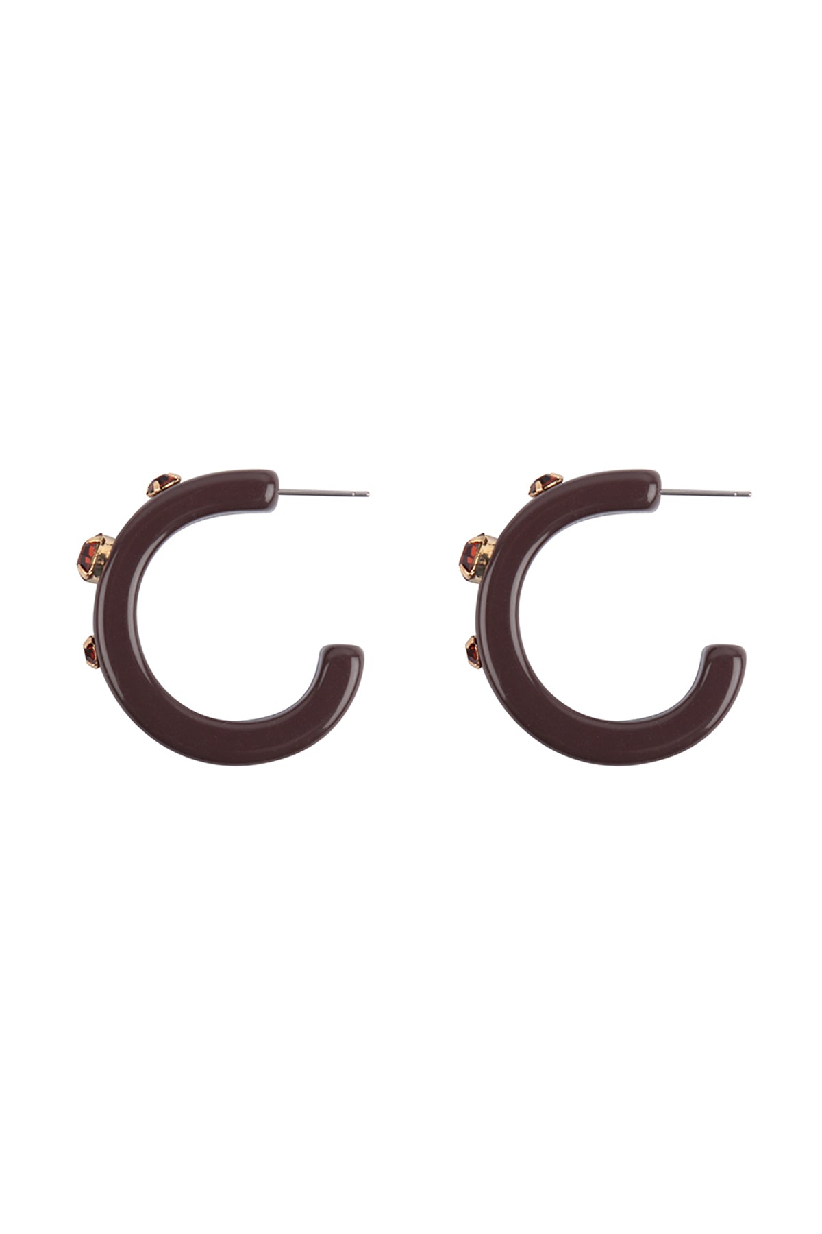 Half Circle Resin Hoop W/ Glass Stone Earrings Gold Brown