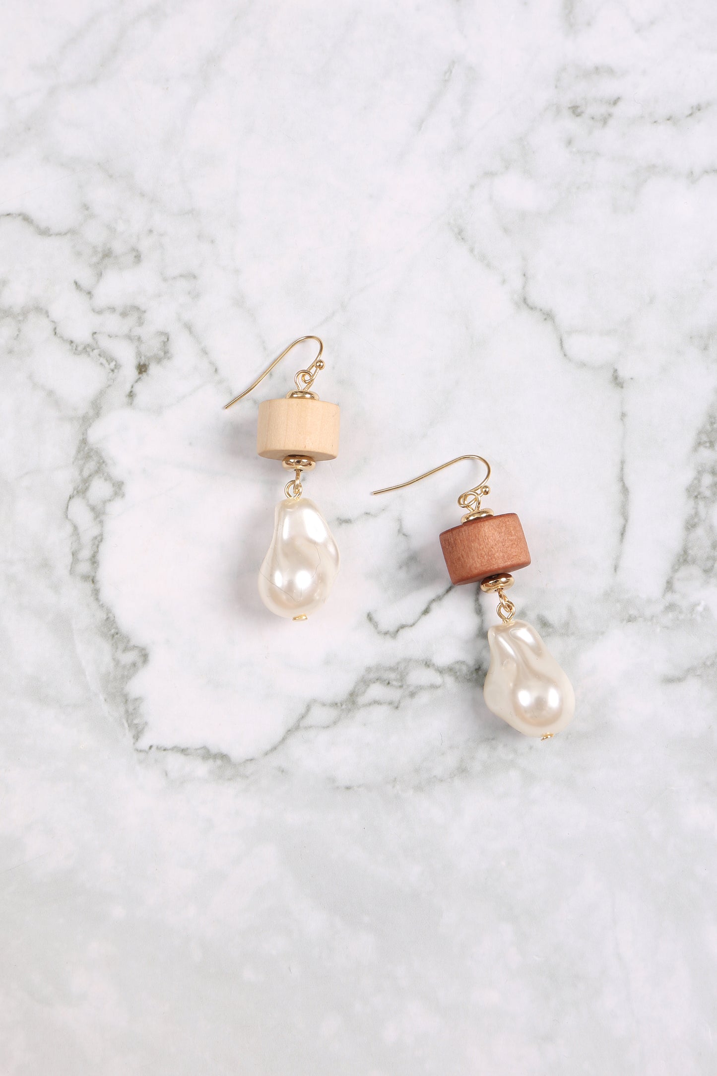 Wood, Fresh Water Pearl Drop Fish Hook Earrings