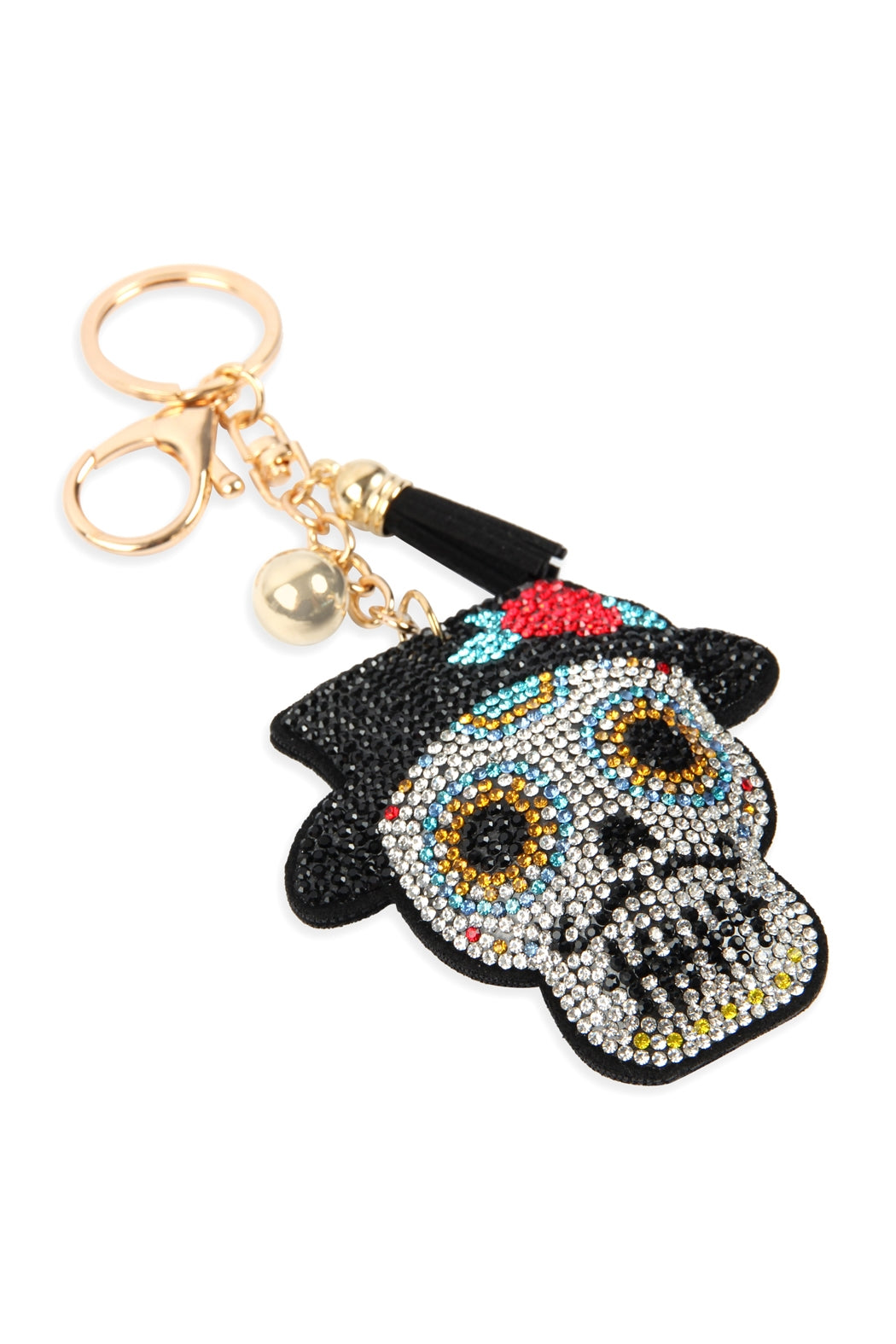 Sugar Skull with Hat Tassel Rhinestone Keychain