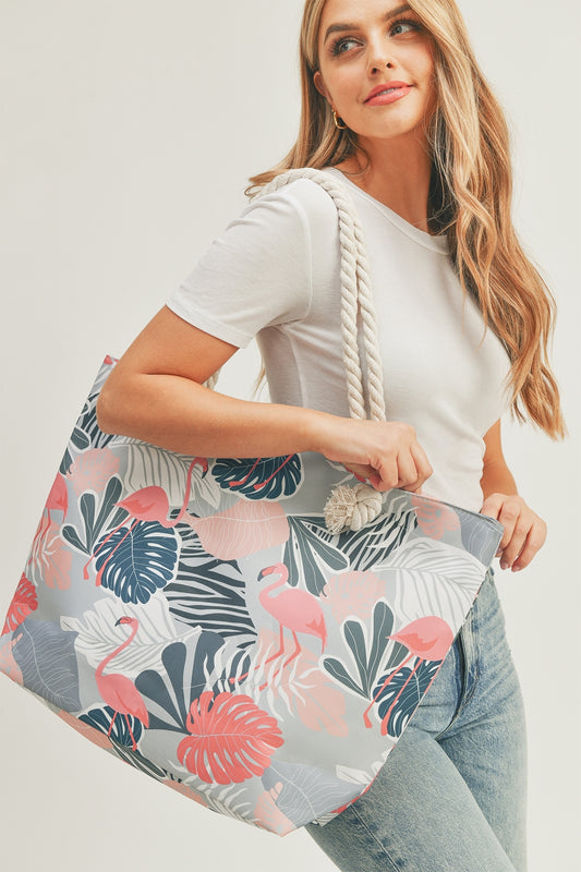 Flamingo Tropical Leaves Tote Bag With Rope Handles