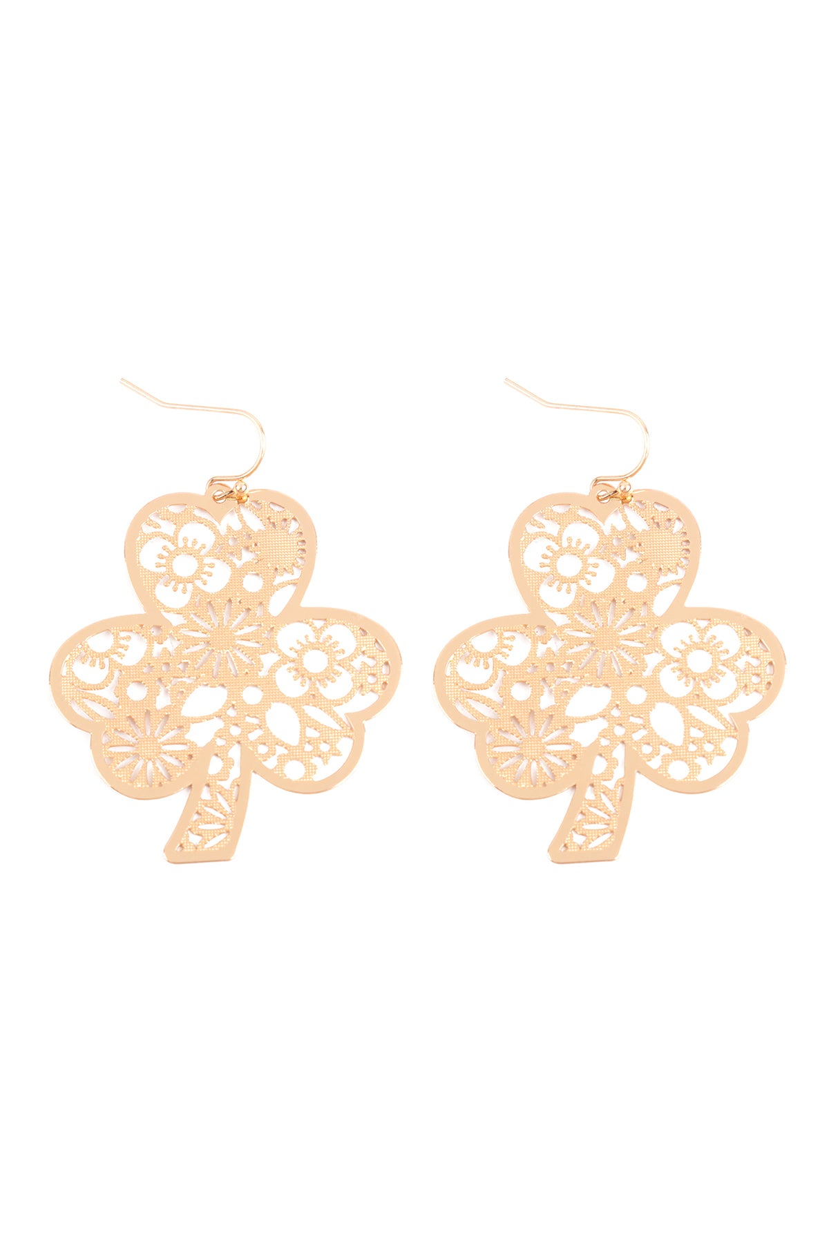 Clover Flower Filigree Dangle Fish Hook Earrings Gold