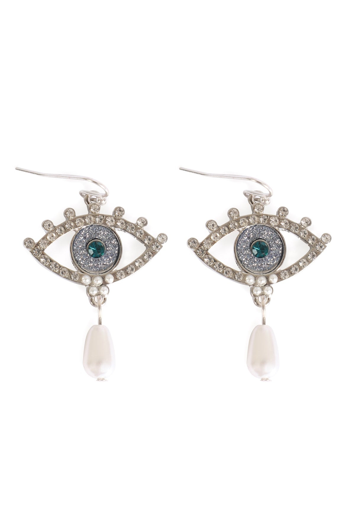 Evil Eye Pave Sand Sticker Pearl Hook Earrings Silver
