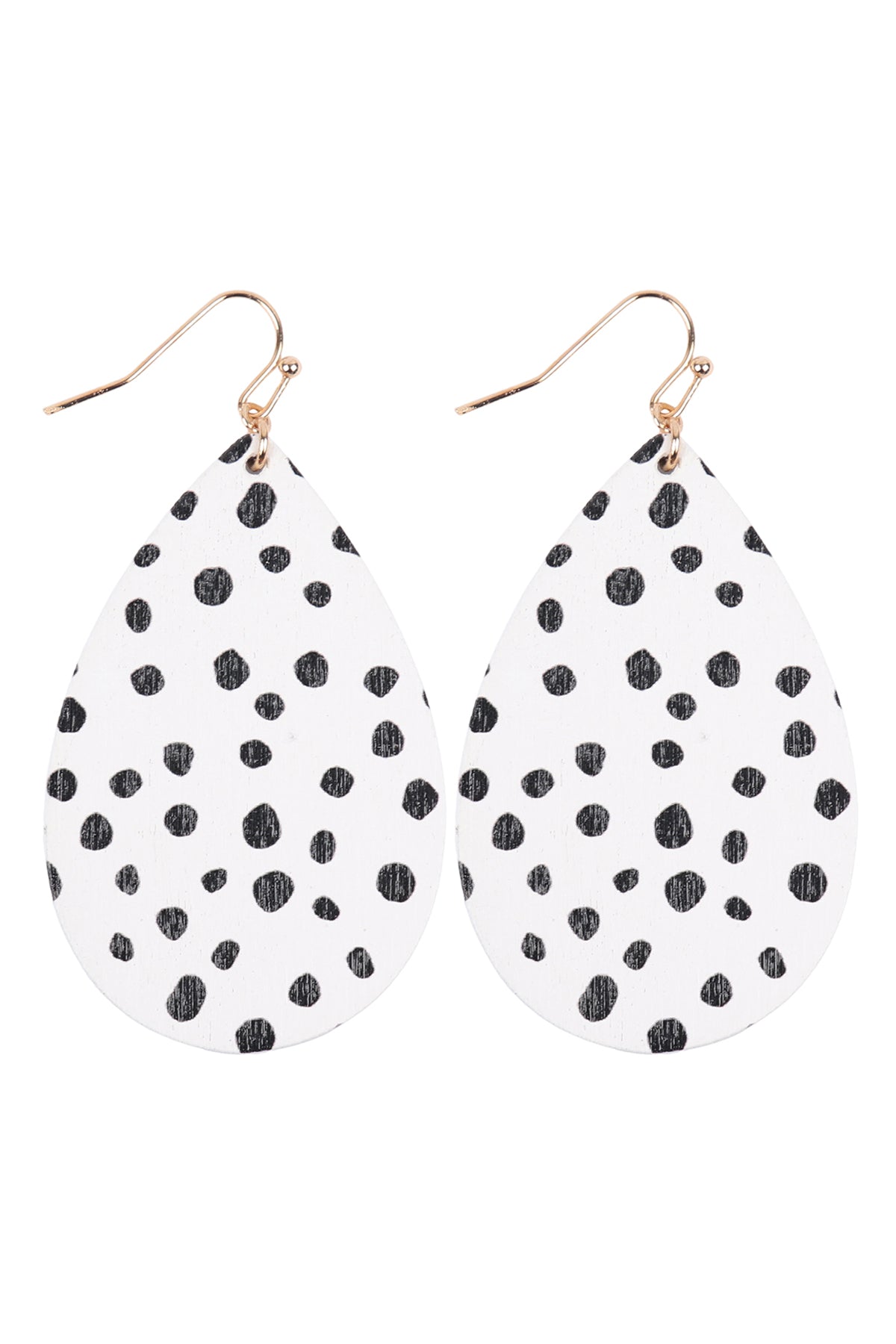 Dalmatian Wood Teardrop Hook Earrings White /6Pcs