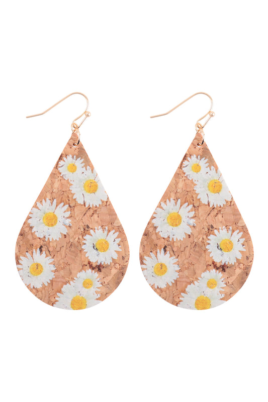Sunflower Printed Cork Teardrop Fish Hook Earring