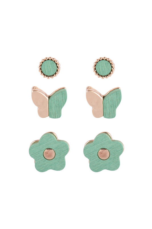 Wood Spring Set Butterfly Flower Stud Earrings