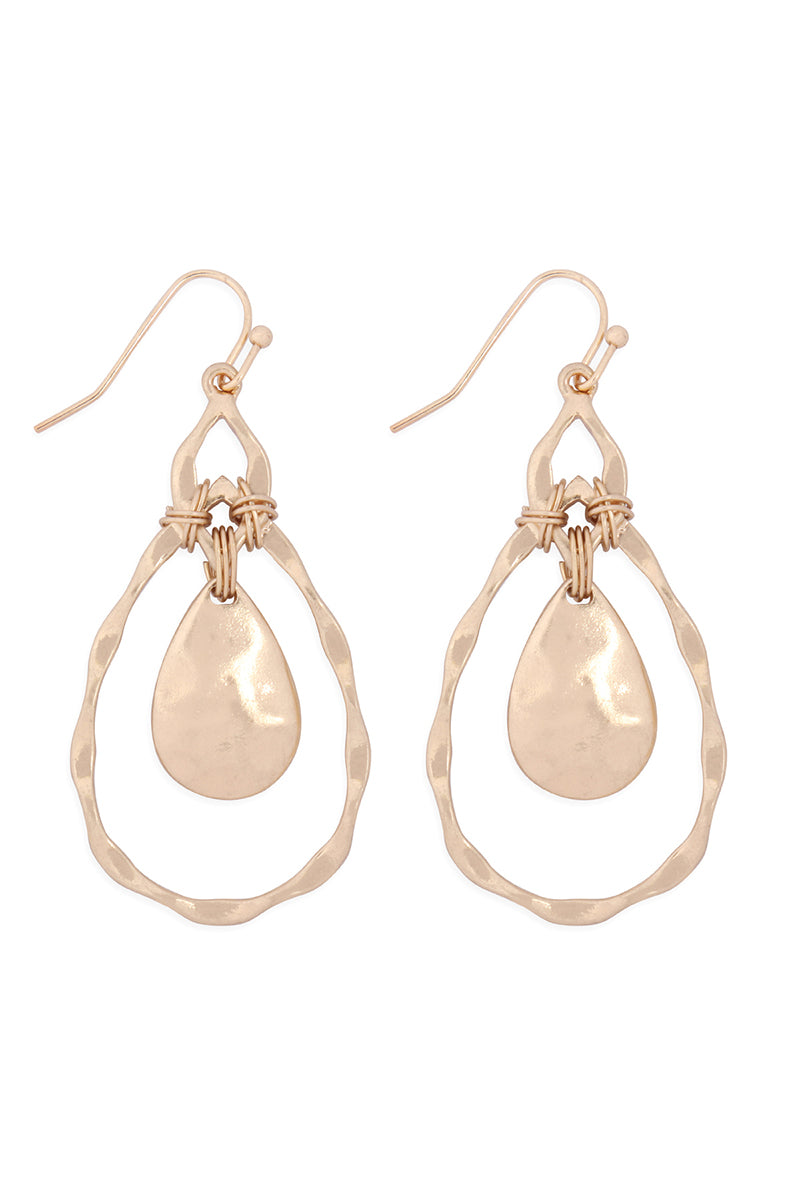 Wire Wrapped Open Teardrop Link Hook Earrings Matte Gold
