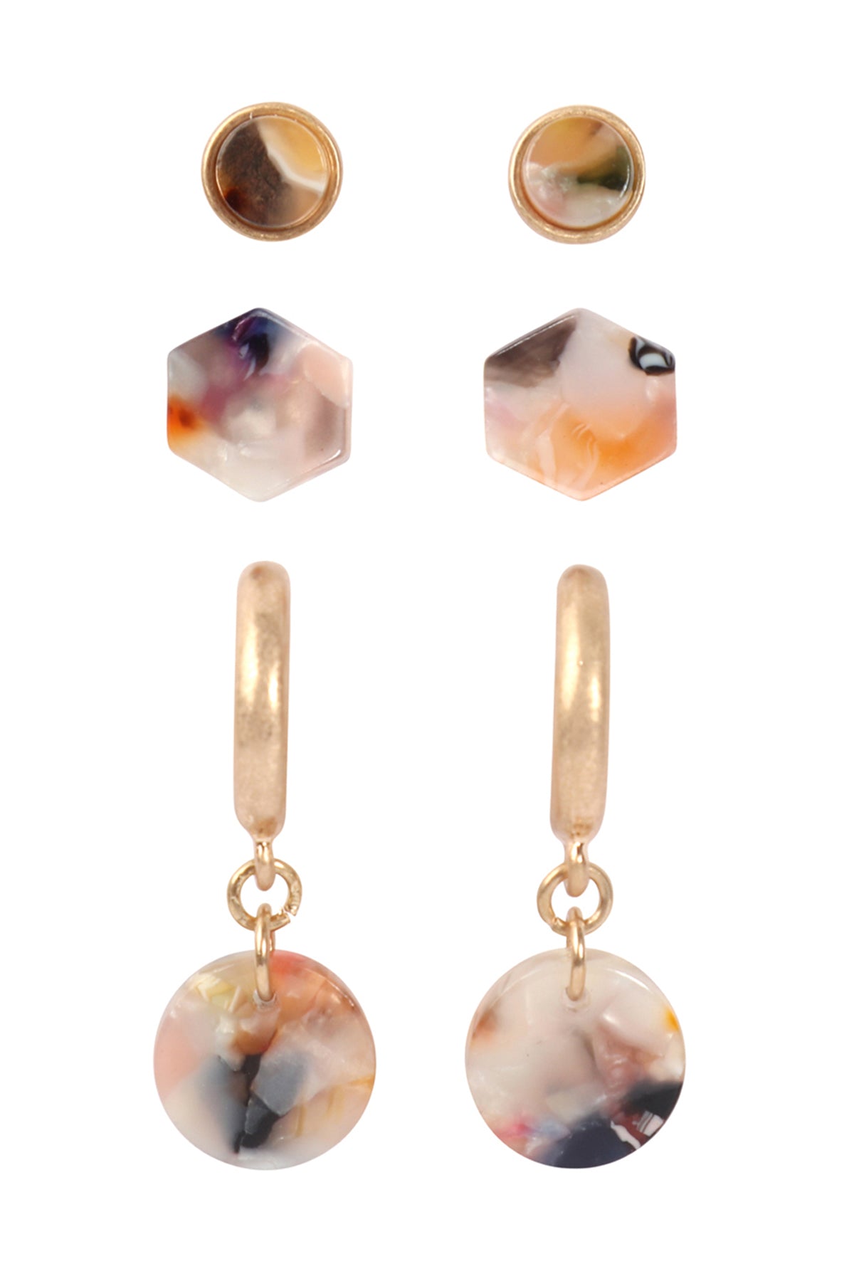 Set Acetate Hoop Post Stud Earrings Matte Gold Multicolor