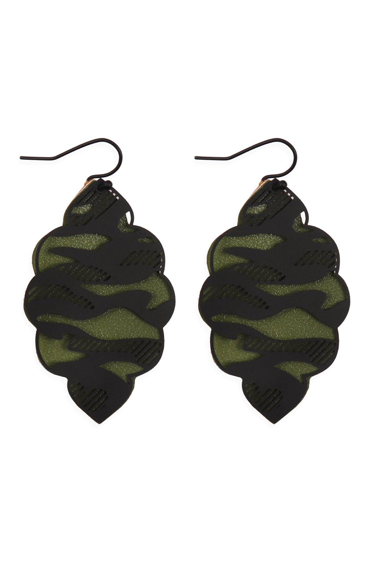 Black Green Camouflage Marquise Layered Hook Earrings