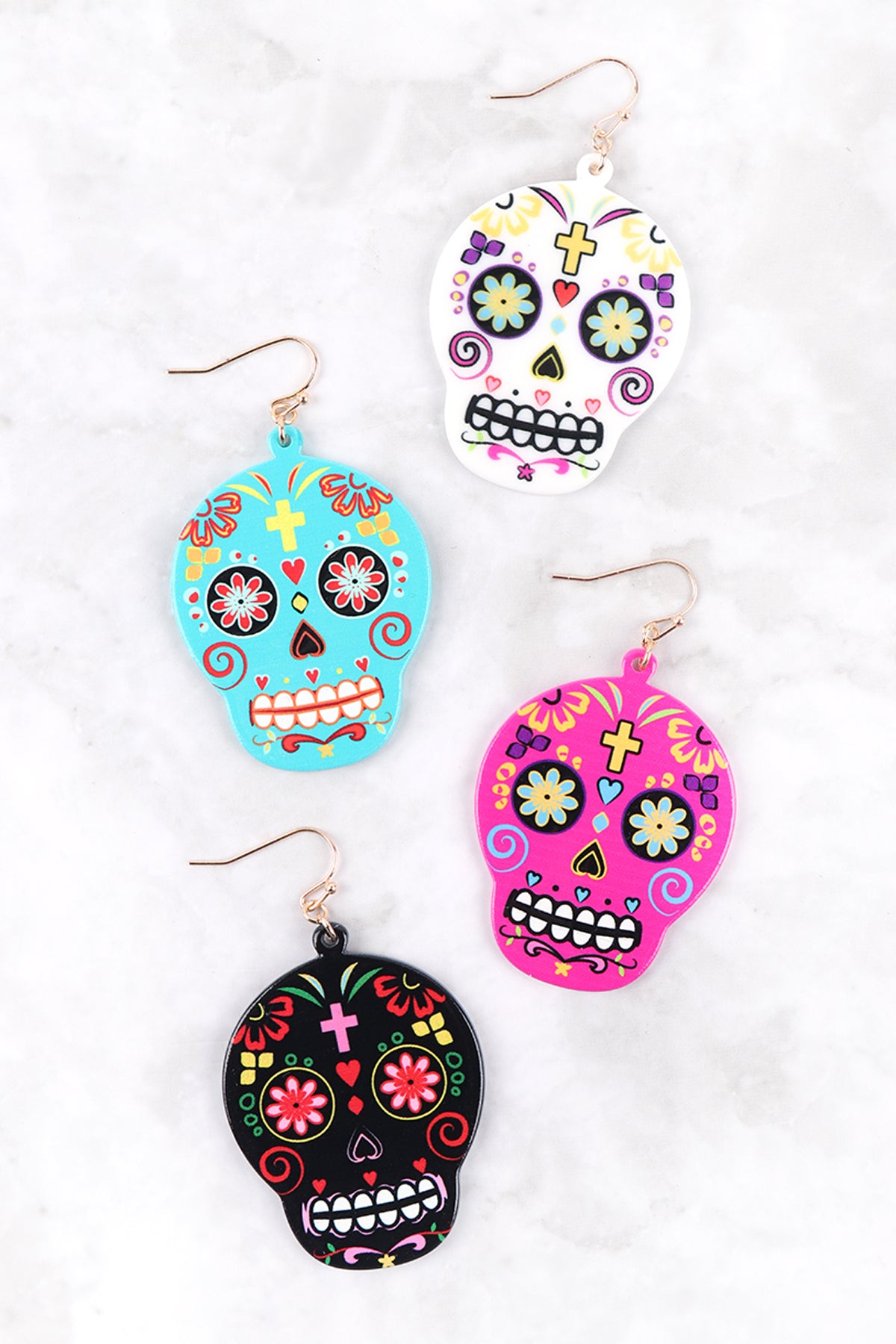 Sugar Skull Fish Hook Dangling Earrings Turquoise