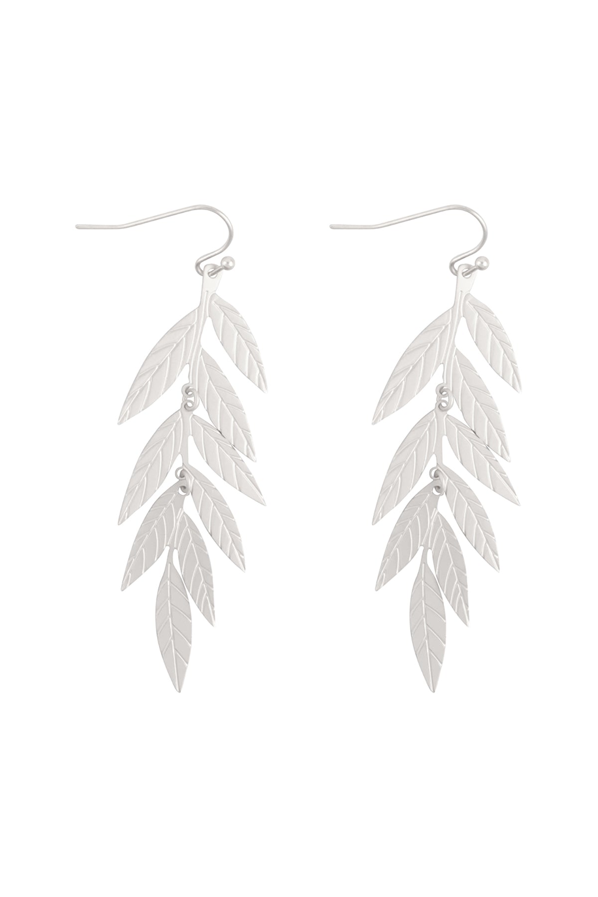 Textured Narrow Leaf Drop Fish Hook Earrings Matte Silver