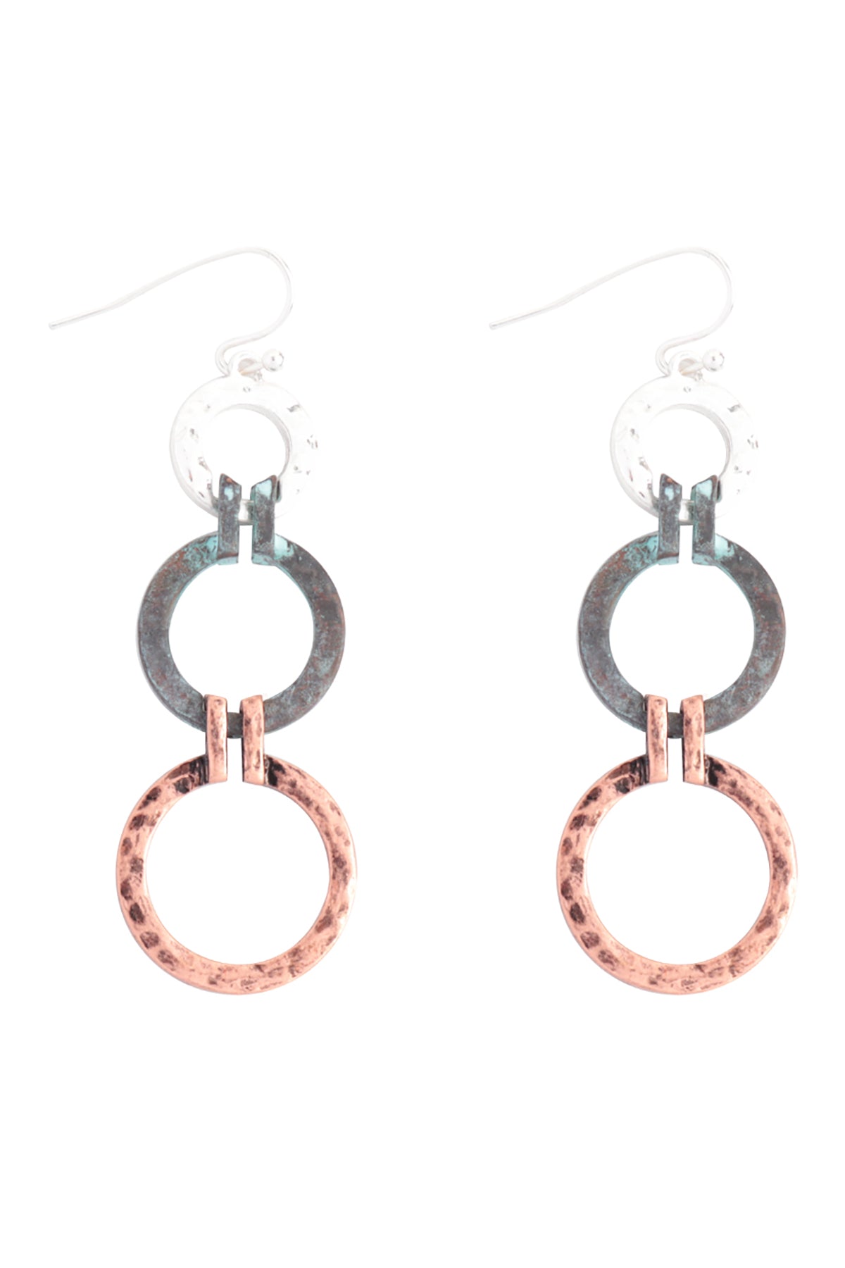 Hammered Circle Dangling Fish Hook Earrings Burnish Multicolor