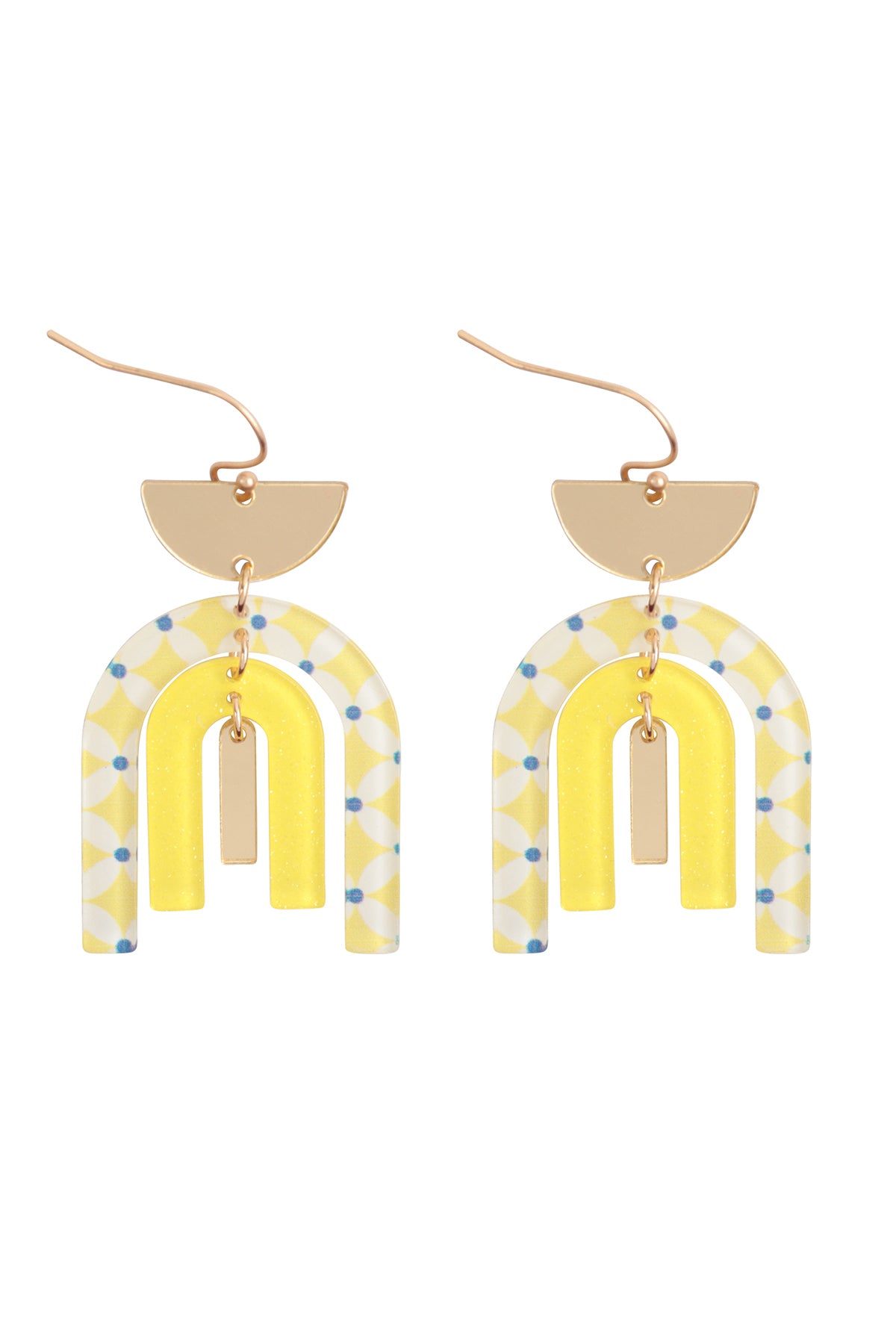 Sprint Print Acylic Arc Shape Fish Hook Earrings Yellow
