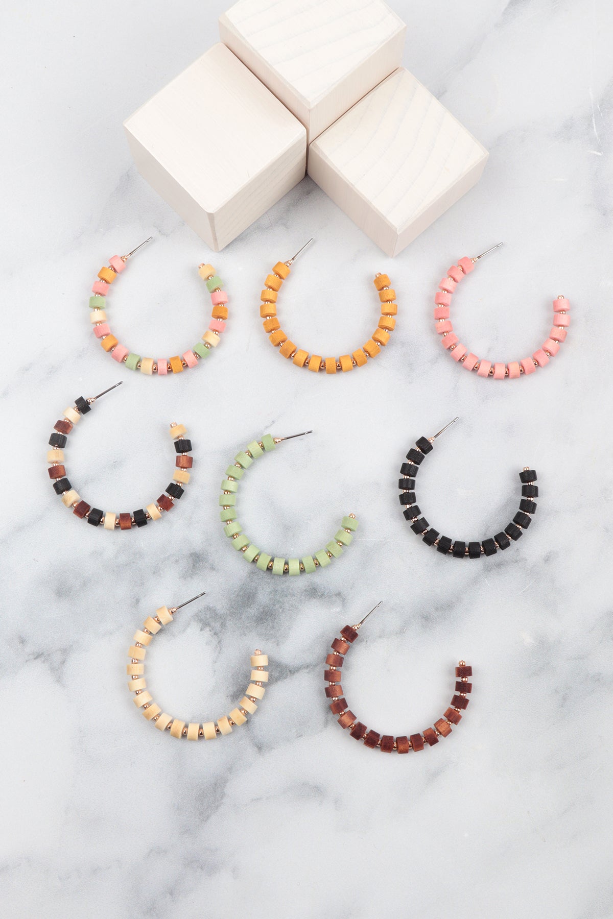 Wood Beaded C Shape Hoop Earrings