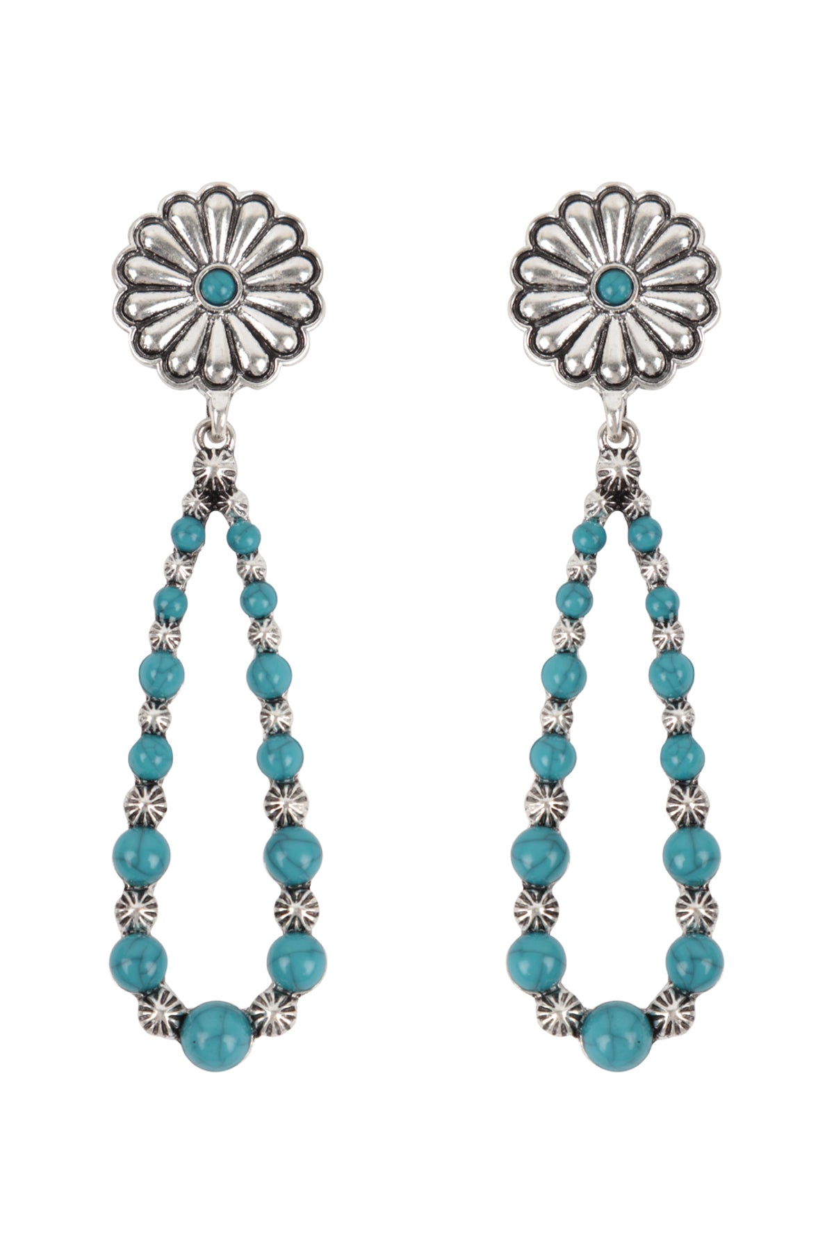 Western Concho Flower Natural Stone Drop Earrings Silver Burnish TurQuoise