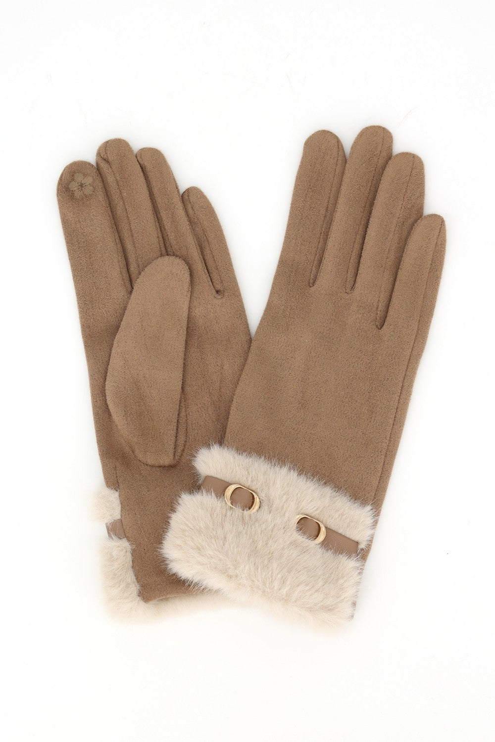 Faux Suede Touchscreen Gloves With Faux Fur Cuff And Buckle