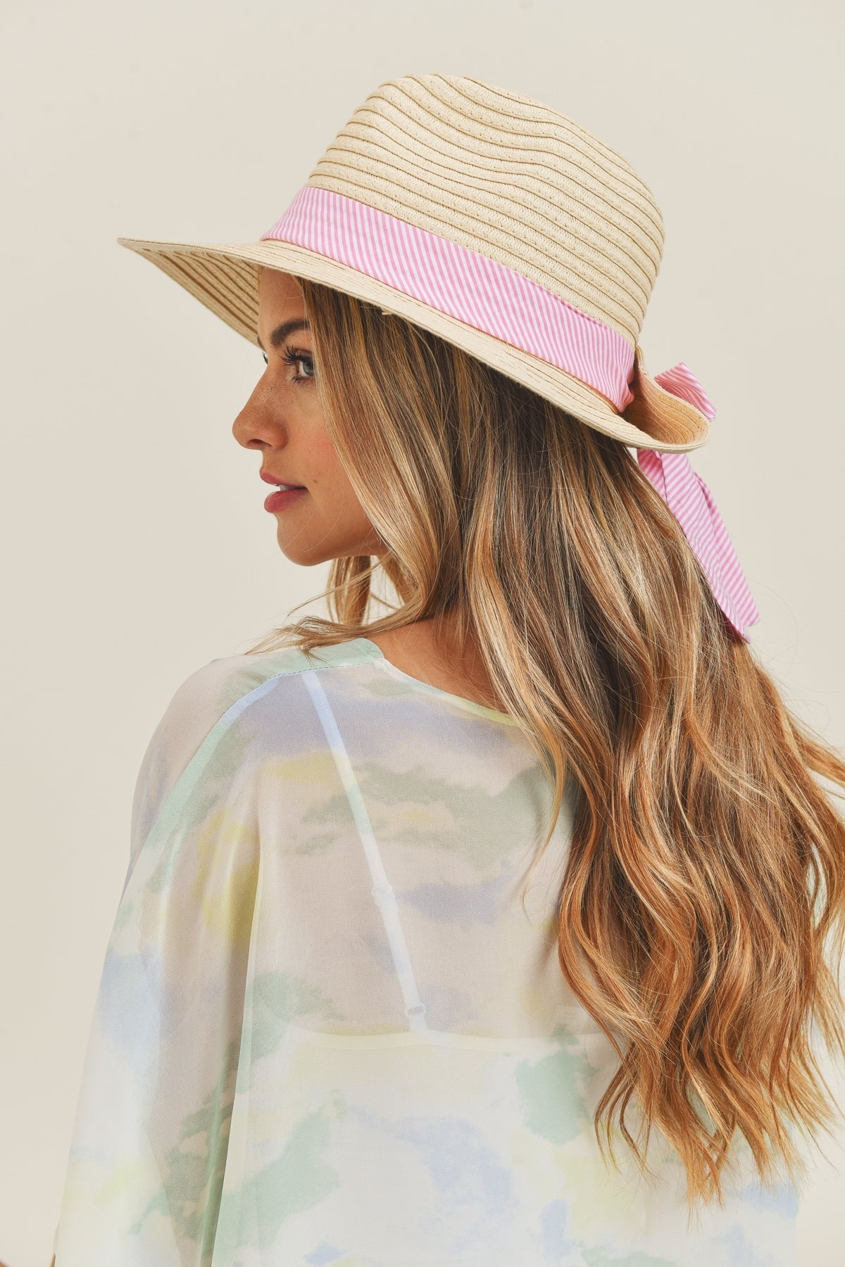 Fold Striped Bow Straw Hat Beige With Pink Band