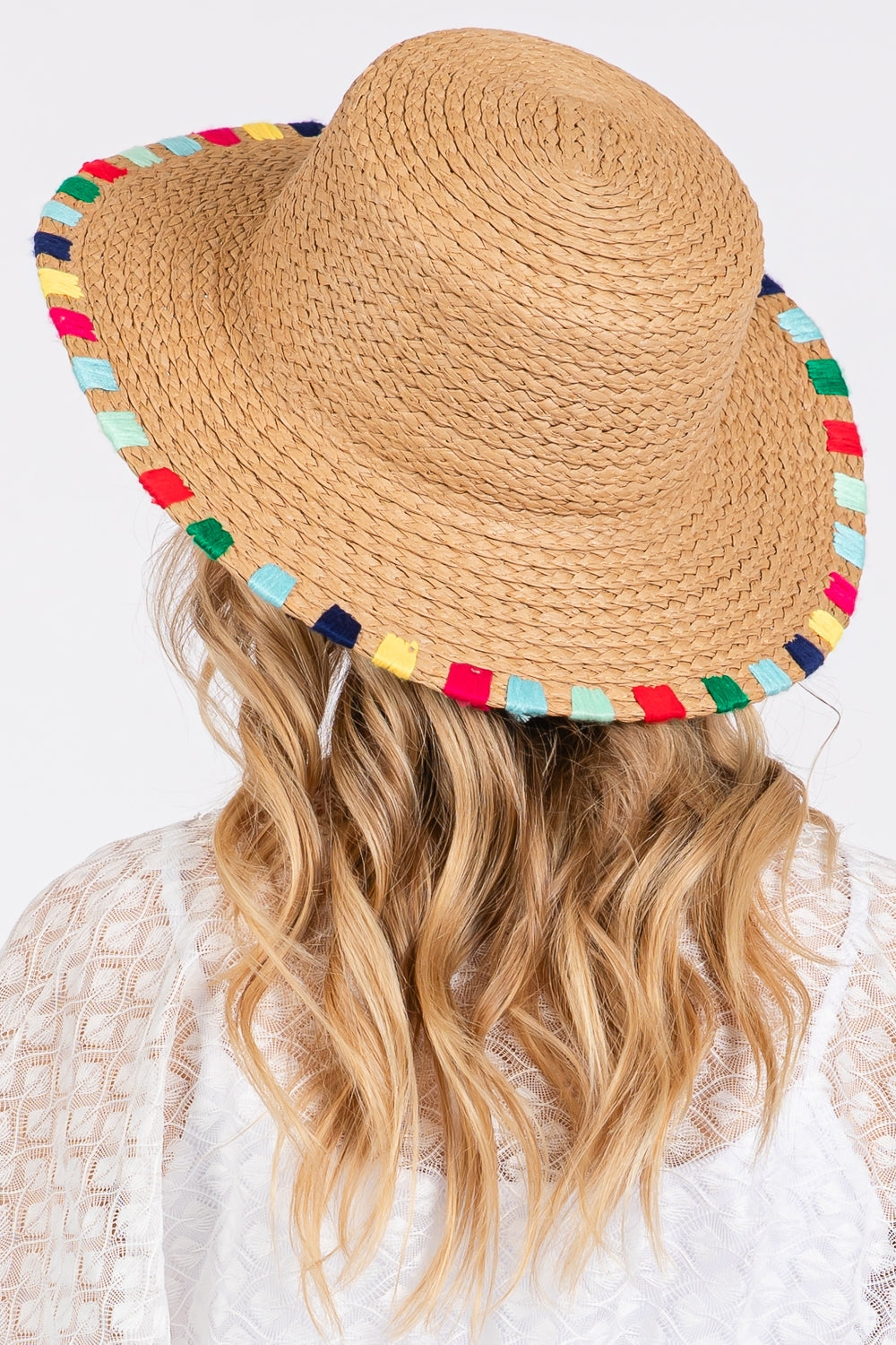 Multi Colored Wide Stitch Trim Straw Sun Hat