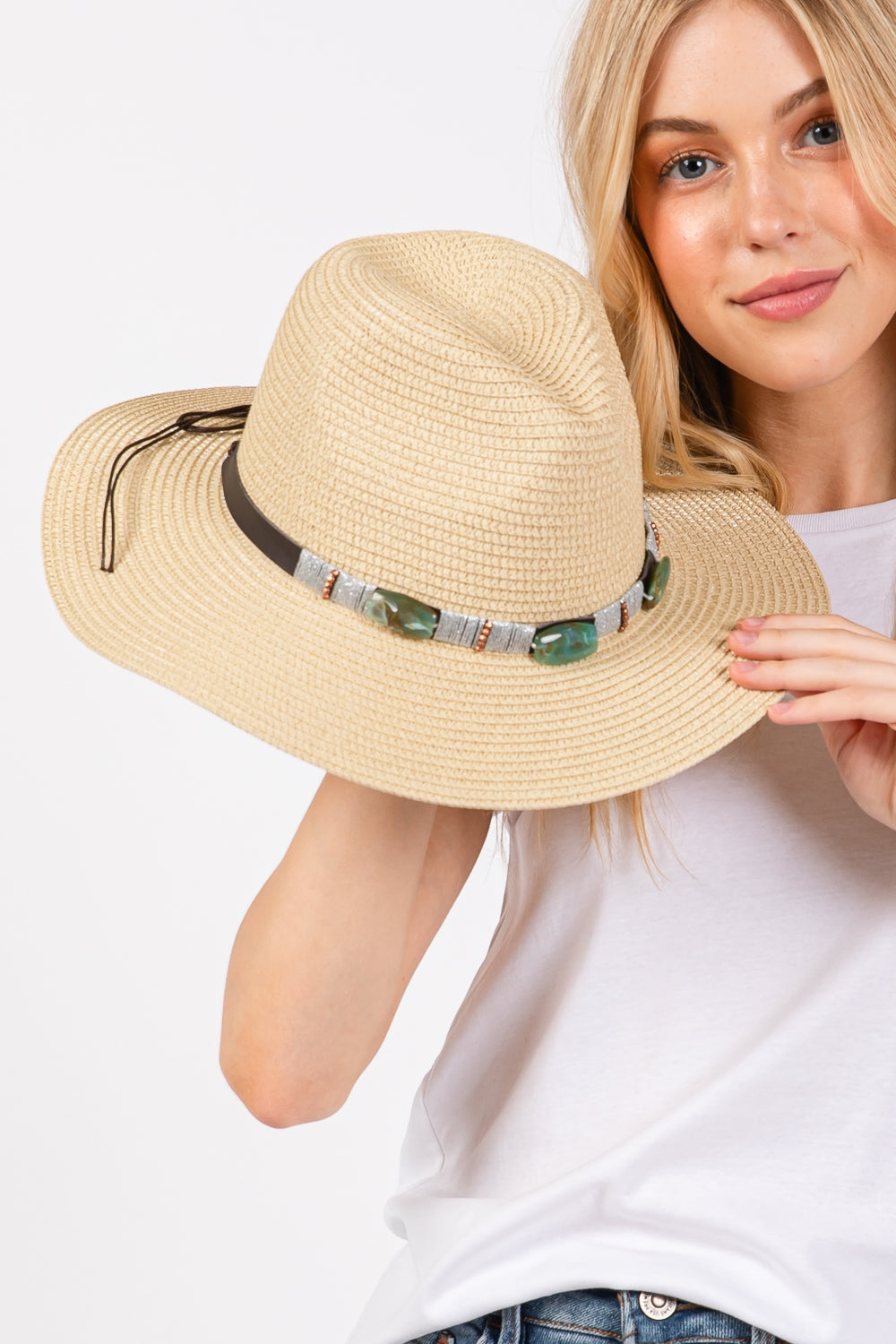 Turquoise Beads Band Straw Sun Hat
