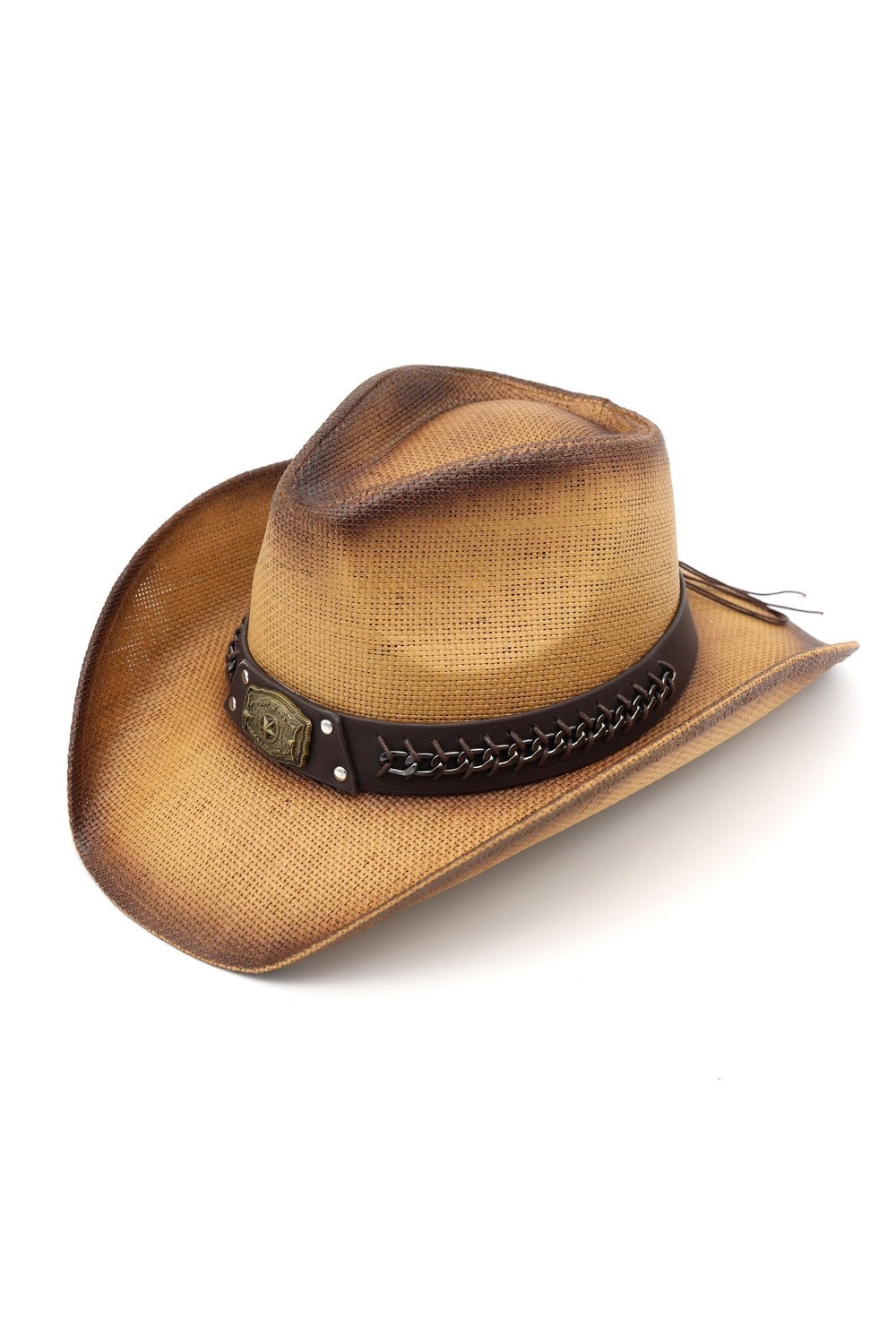 Rustic Cowboy Hat With Chain And Concho Detail Faux Leather Band
