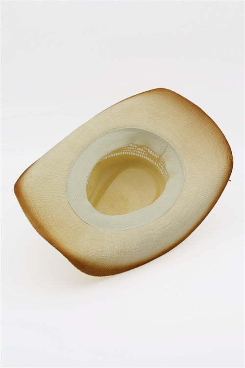 Aged Look, Straw Cowboy Hat With Suede Stitched Details And Steer Head Conchos