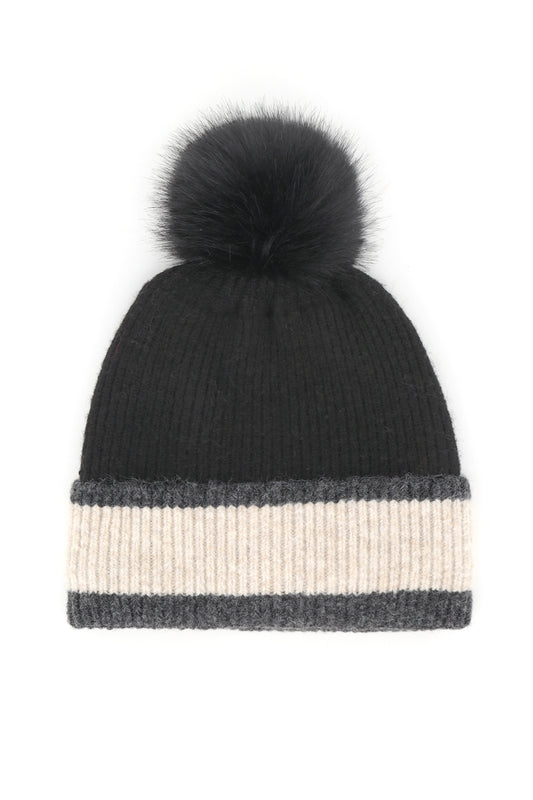 Ribbed Tri-Color Fleeced Beanie With Faux Fur Pompom