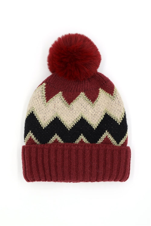 Chevron Pompom Fuzzy Fleece Beanie
