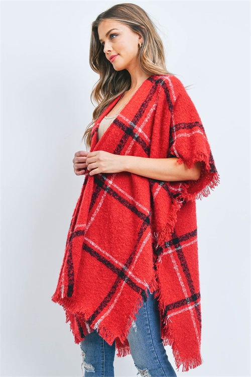 Plaid Open Front Fringe Kimono Red