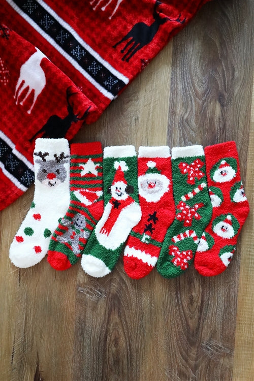Christmas Fuzzy Socks Set 12 Pairs ( 6 Design 2 Pairs Each)