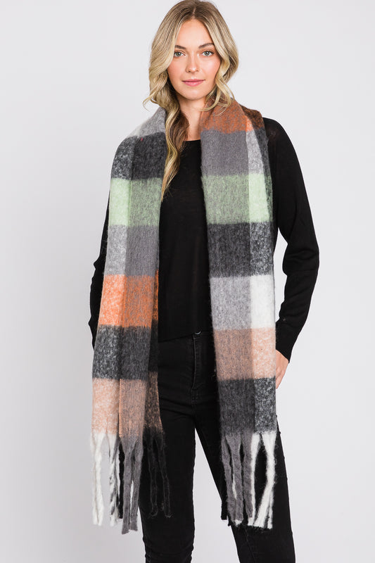 Brushed Multi Color Plaid Scarf With Fringe