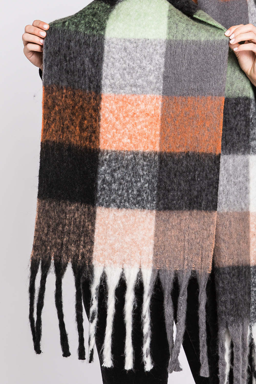 Brushed Multi Color Plaid Scarf With Fringe
