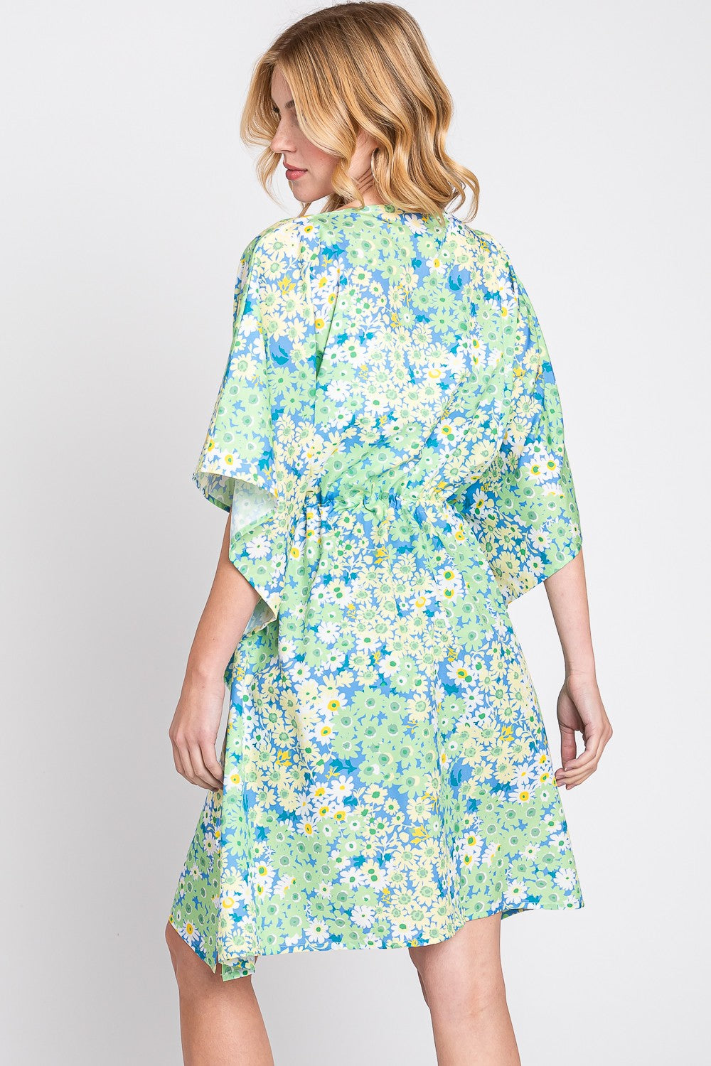 Flower Print Self-Tie Drawstring Open Front Cover- Up