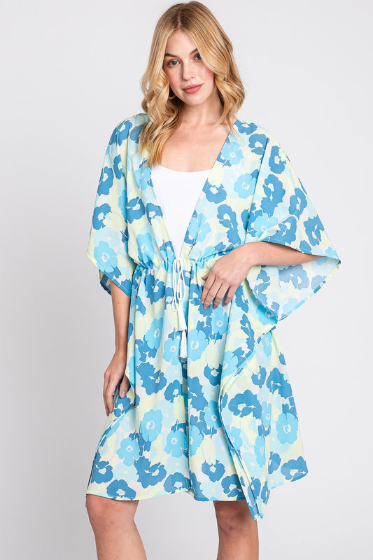 Flower Print Self-Tie Drawstring Open Front Cover-Up