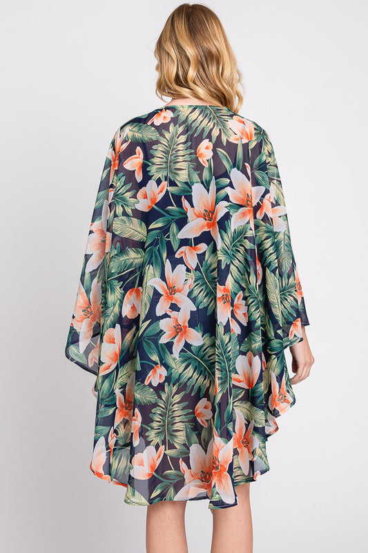 Tropical Leaves Print Shawl Cover-Up