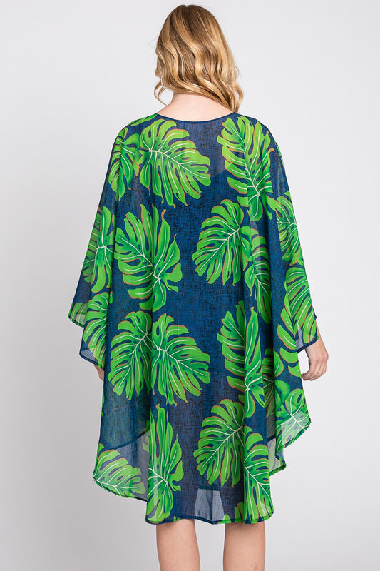 Tropical Leaves Print Shawl Cover-Up