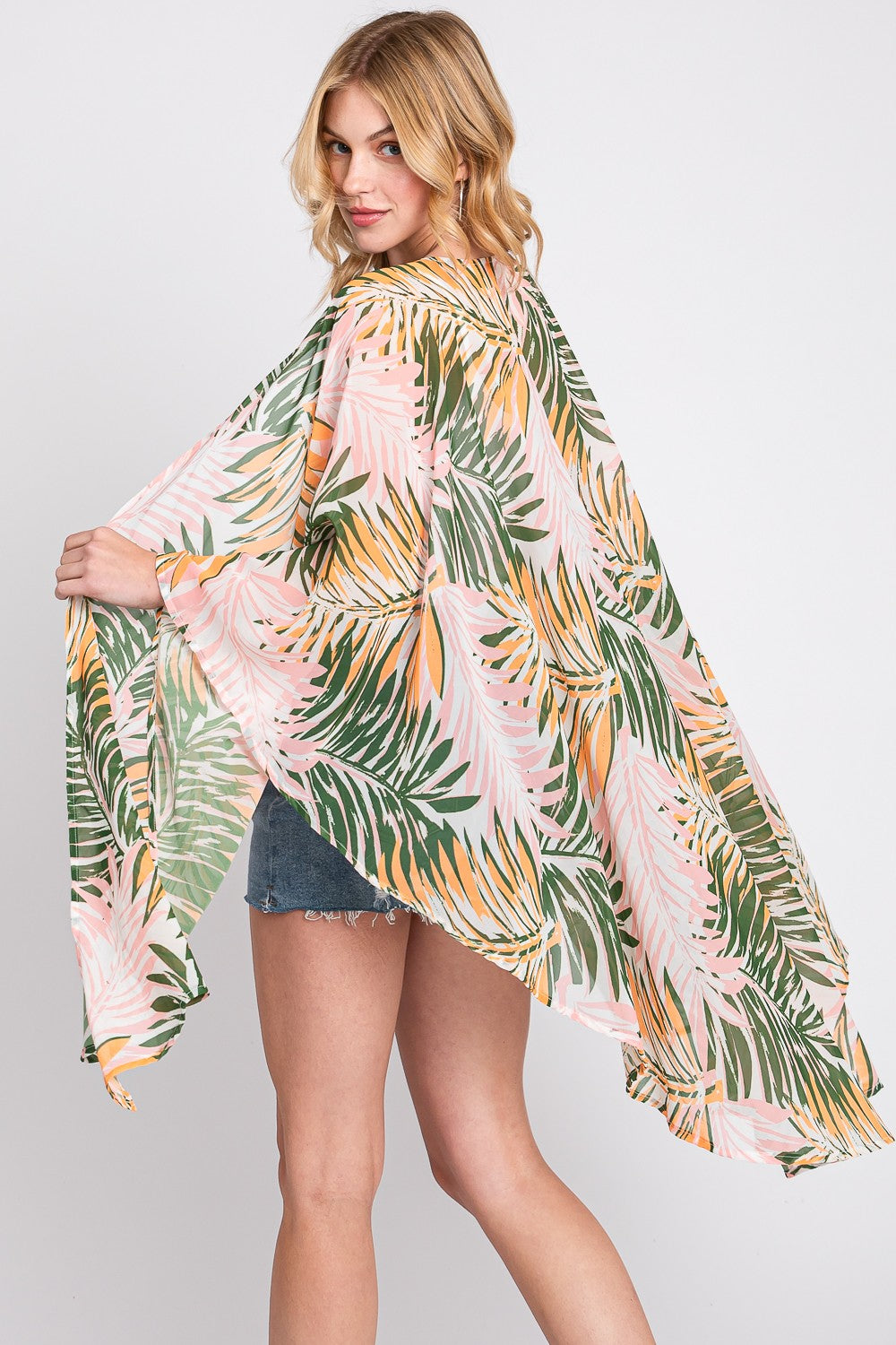 Tropical Leaves Print Shawl Cover-Up