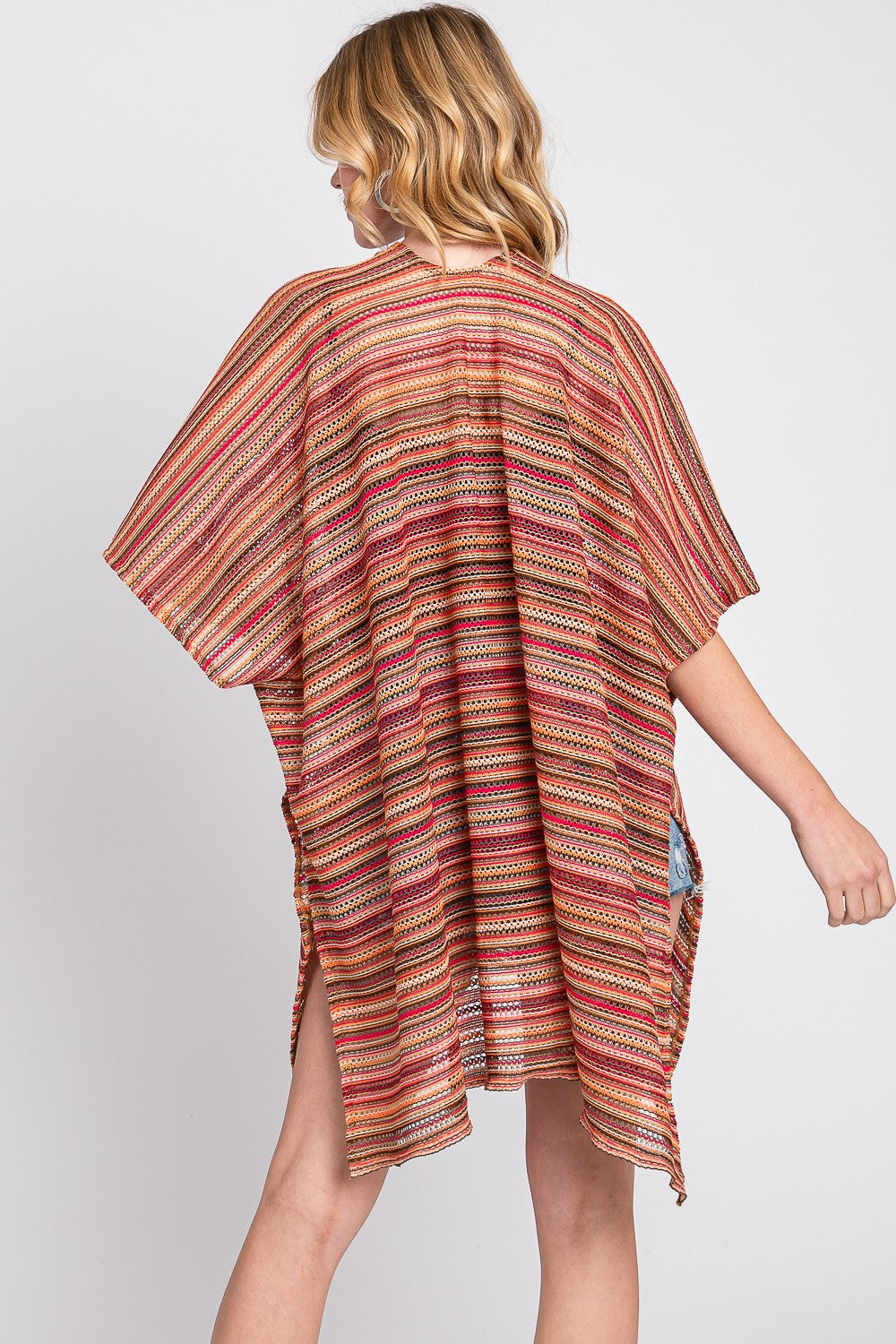 Multi Color Stripe Crochet Open Front Cover-Up