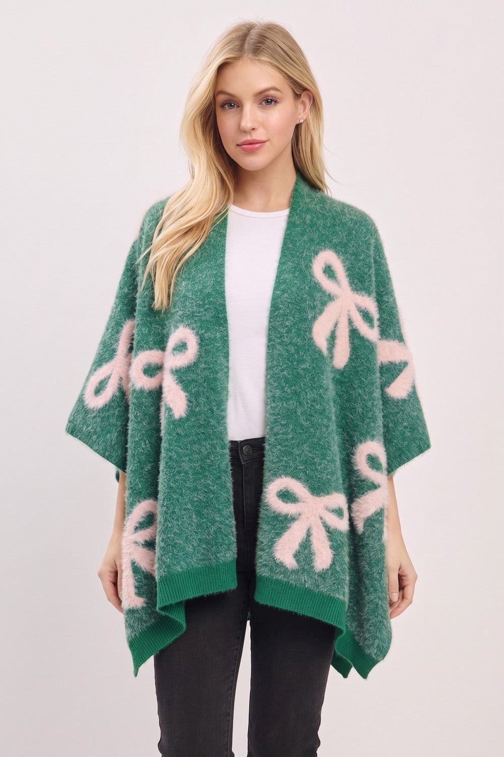 Fuzzy Bow Embossed Knit Shawl
