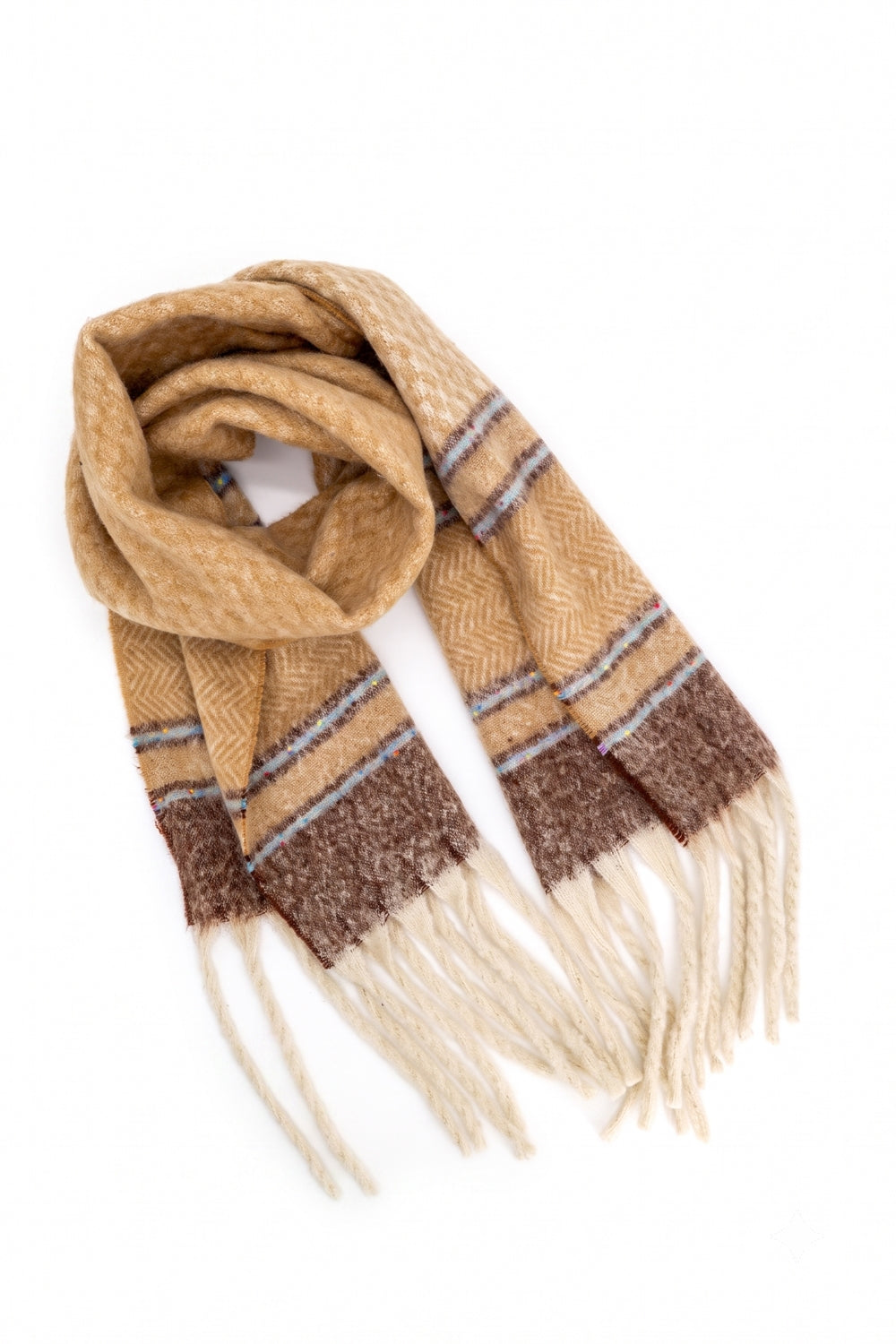 Herringbone Accent Multi Tone Brushed Fringe Scarf With Color Flecked Stripes