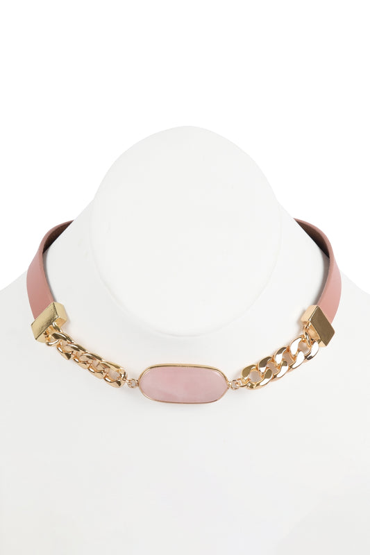 Oval Stone Charm Long Chain-Leather Bracelet
