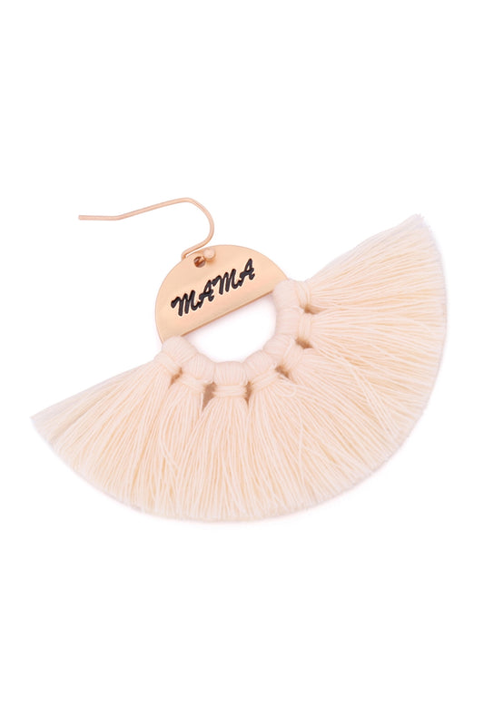Mama Etched Fan Tassel Earrings