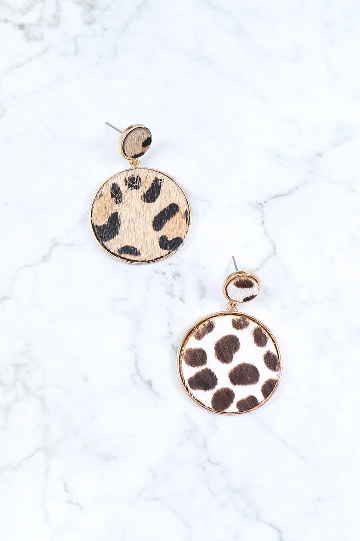 Leopard Leather Print Round Post Dangling Earrings