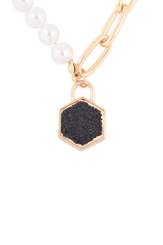 Druzy Pentagon Pendant Half Chain Half Pearl Necklace