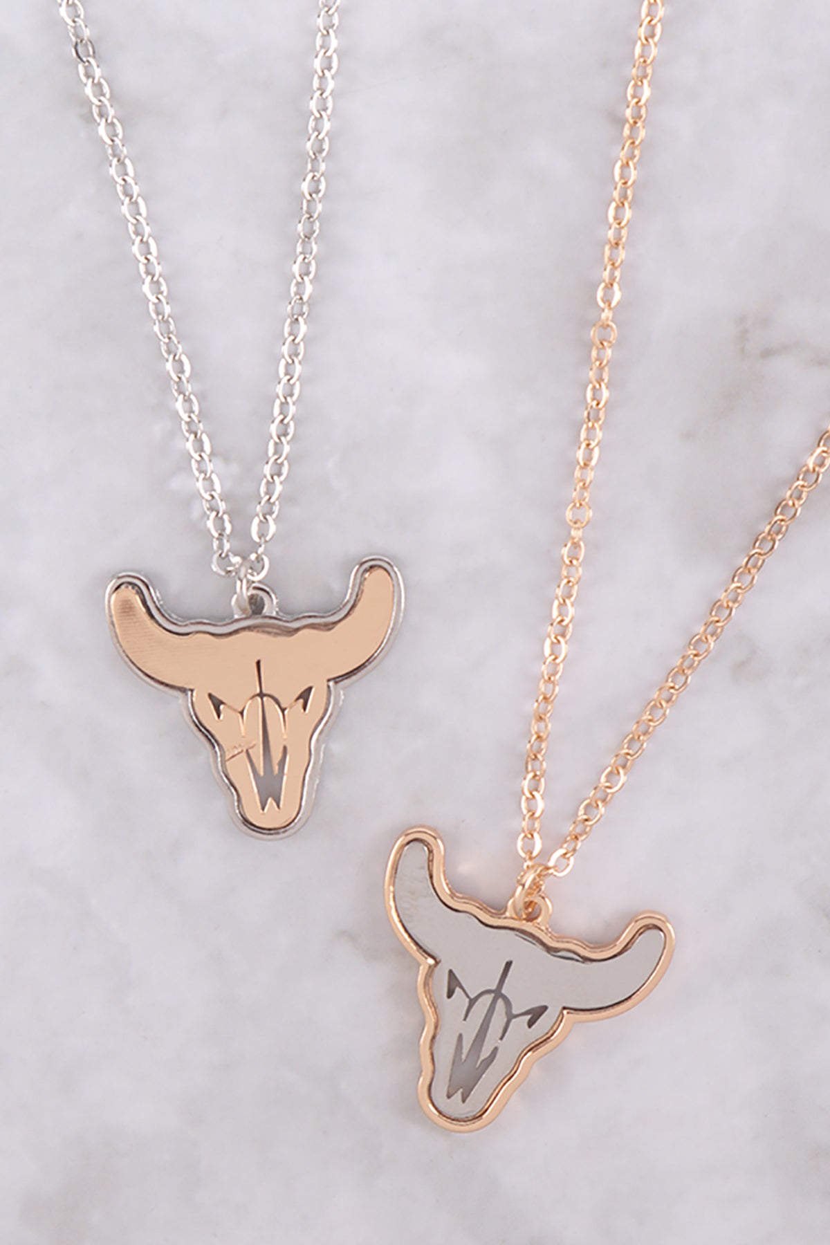 Two-Tone bull Skull Pendant Necklace