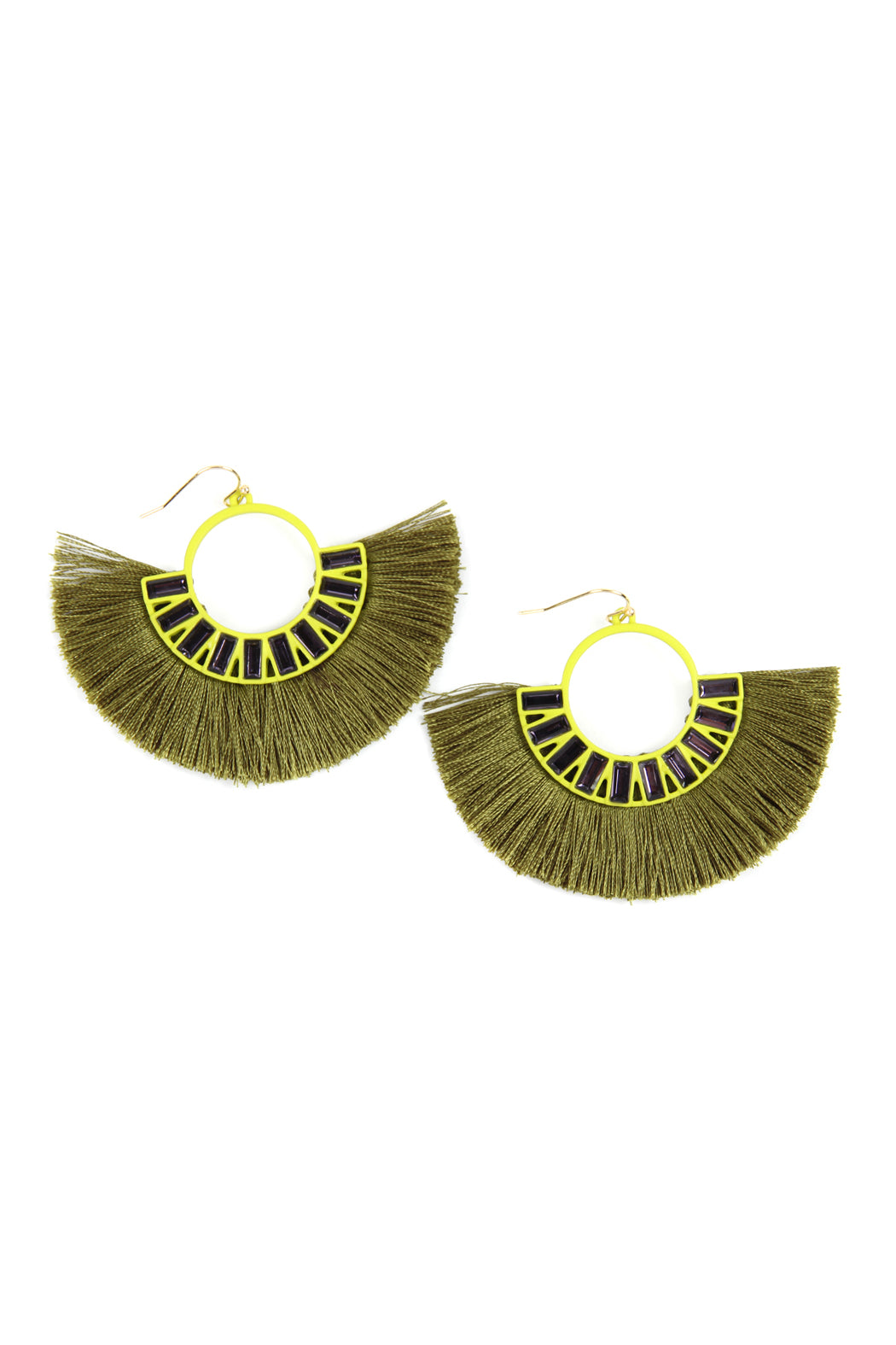 Half Circle Tassel With Colored Rhinestone Earrings Olive