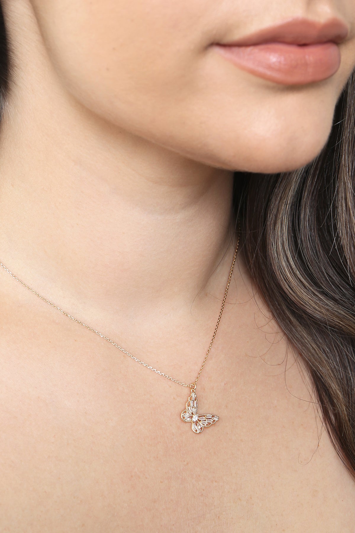 Butterfly Baguette Pendant Brass Necklace