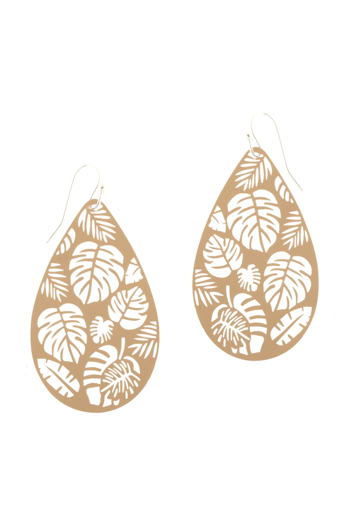 Metal Filigree Tropical Leaf Fish Hook Earrings Matte Gold
