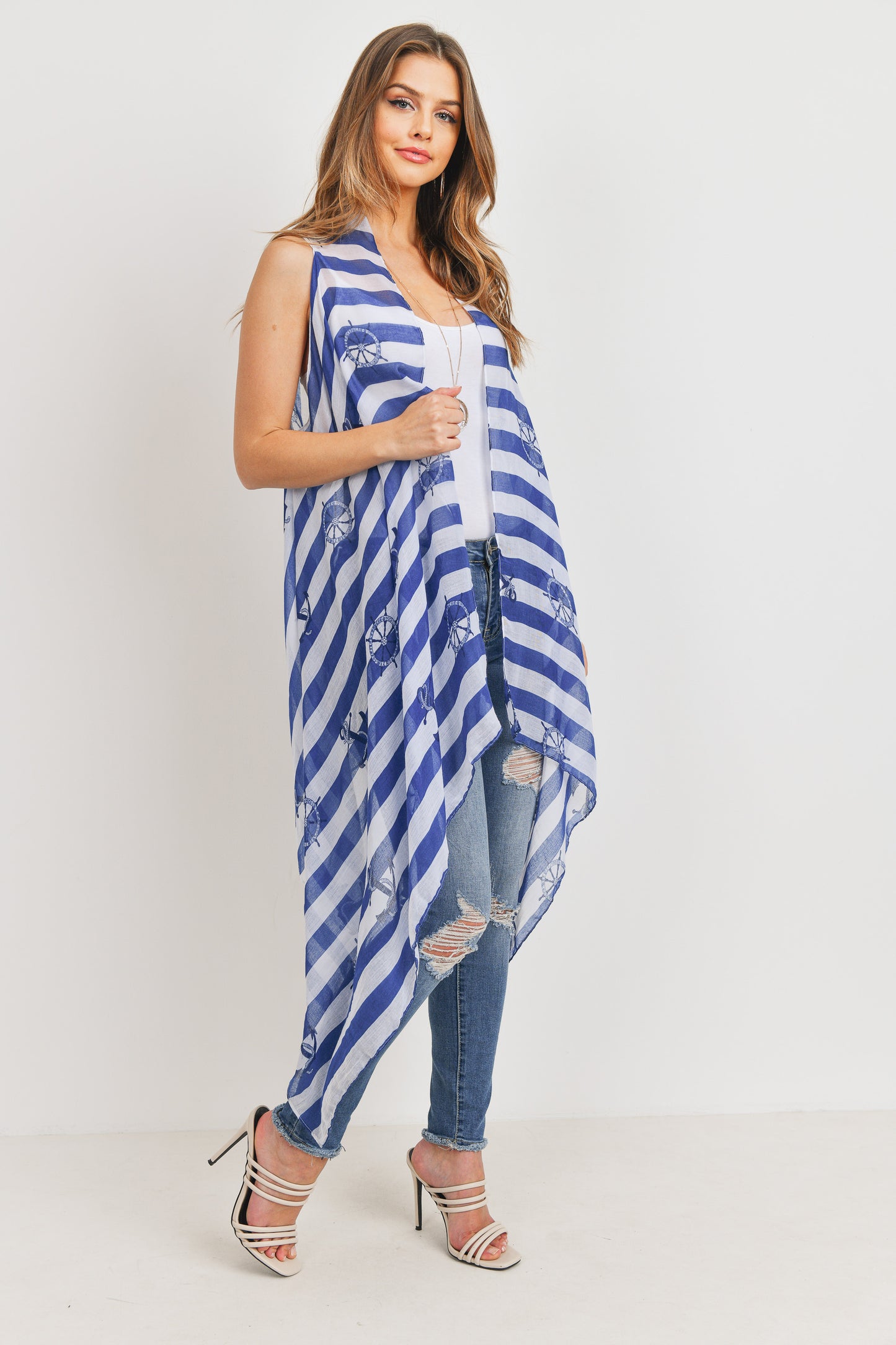 Printed Stripe Blue Sheep Wheel Kimono Vest